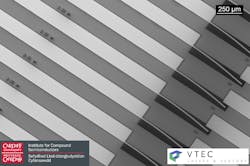 VTEC's semiconductor optical amplifier wafer after processing. VTEC's semiconductor optical amplifier wafer after processing.
