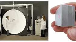 FIGURE 1. Integrating spheres can be manufactured at sizes from 1 mm up to 3 m in diameter. This 65 in. spectral lamp measurement system is used in standards laboratories around the world as a calibration source for lamps and LEDs (left; courtesy of Sphereoptics). A tiny 16 mm integrating sphere is incorporated into a detector for radiant power measurement (right; courtesy of Gigahertz-Optik).