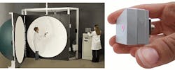 FIGURE 1. Integrating spheres can be manufactured at sizes from 1 mm up to 3 m in diameter. This 65 in. spectral lamp measurement system is used in standards laboratories around the world as a calibration source for lamps and LEDs (left; courtesy of Sphereoptics). A tiny 16 mm integrating sphere is incorporated into a detector for radiant power measurement (right; courtesy of Gigahertz-Optik). FIGURE 1. Integrating spheres can be manufactured at sizes from 1 mm up to 3 m in diameter. This 65 in. spectral lamp measurement system is used in standards laboratories around the world as a calibration source for lamps and LEDs (left; courtesy of Sphereoptics). A tiny 16 mm integrating sphere is incorporated into a detector for radiant power measurement (right; courtesy of Gigahertz-Optik).