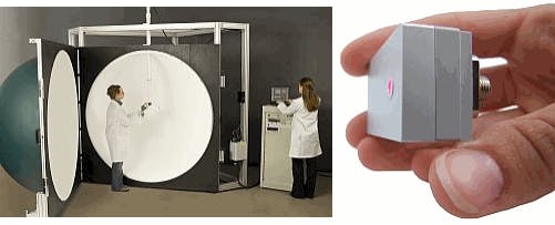 FIGURE 1. Integrating spheres can be manufactured at sizes from 1 mm up to 3 m in diameter. This 65 in. spectral lamp measurement system is used in standards laboratories around the world as a calibration source for lamps and LEDs (left; courtesy of Sphereoptics). A tiny 16 mm integrating sphere is incorporated into a detector for radiant power measurement (right; courtesy of Gigahertz-Optik).