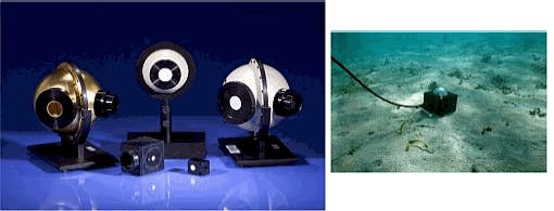 FIGURE 2. Integrating spheres seem simple but can come in an infinite variety of configurations for an infinite number of potential applications. A submersible sphere is fiberoptic-coupled to a UV-VIS spectroradiometer to measure the effect of underwater UV exposure on sea urchin embryos (right).