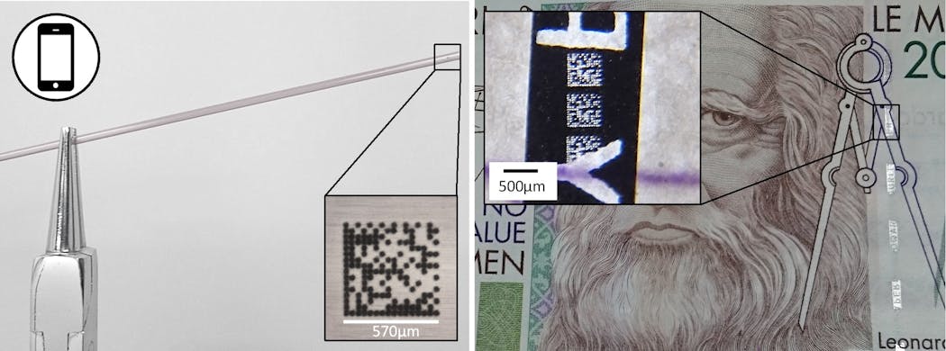 FIGURE 4. Lot marking on a 2 mm PVC straw, 77,000 parts/hour (left) and 2000 microcodes per second marked on a metallized PET substrate, in a roll-to-roll production environment (right) are shown.