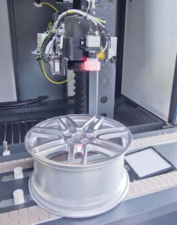 FIGURE 2. An integrated laser system for processing an auto wheel including optical part recognition, automatic in-conveying, laser processing, and quality checking.
