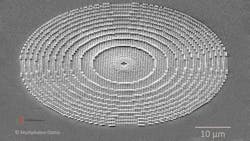 FIGURE 4. Polymer-based metalens fabricated by two-photon polymerization by Multiphoton Optics GmbH. The individual meta-atoms exhibit a diameter ranging from 100 to 450 nm and a height between 300 to 1000 nm. During operation at 630 nm, the metalens exhibits a focal length of 100 µm. This metalens is a result of the EU-funded project PHENOmenon, Grant Agreement 780278. FIGURE 4. Polymer-based metalens fabricated by two-photon polymerization by Multiphoton Optics GmbH. The individual meta-atoms exhibit a diameter ranging from 100 to 450 nm and a height between 300 to 1000 nm. During operation at 630 nm, the metalens exhibits a focal length of 100 µm. This metalens is a result of the EU-funded project PHENOmenon, Grant Agreement 780278.