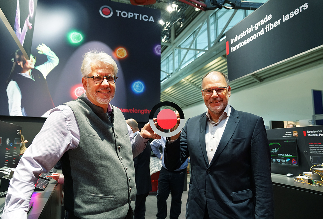 In 2022, Wilhelm Kaenders, Ph.D., and Thomas Renner (right), Ph.D., introduced a new logo for the Toptica Group.