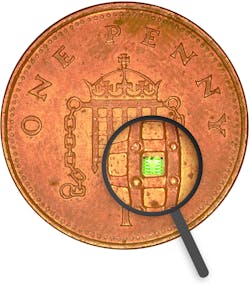 A prototype Solo Spectroscopy chip is photographed on an English penny; the spectrometer chip is less than 0.5 square millimeters in size. A prototype Solo Spectroscopy chip is photographed on an English penny; the spectrometer chip is less than 0.5 square millimeters in size.