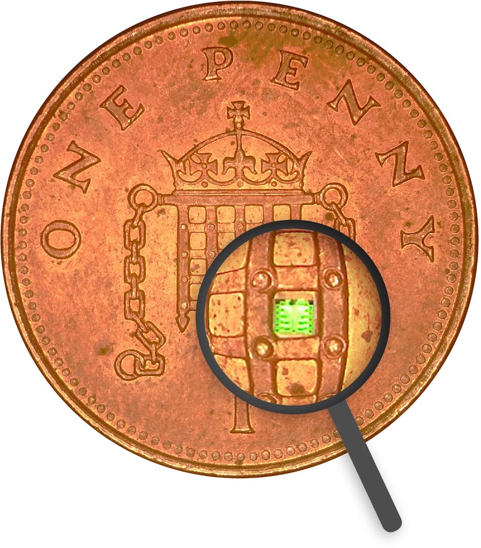 A prototype Solo Spectroscopy chip is photographed on an English penny; the spectrometer chip is less than 0.5 square millimeters in size.