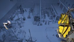 FIGURE 4. High-speed interferometer on the test tower (left) measures segments of the JWST primary mirror at Goddard Space Flight Center. FIGURE 4. High-speed interferometer on the test tower (left) measures segments of the JWST primary mirror at Goddard Space Flight Center.