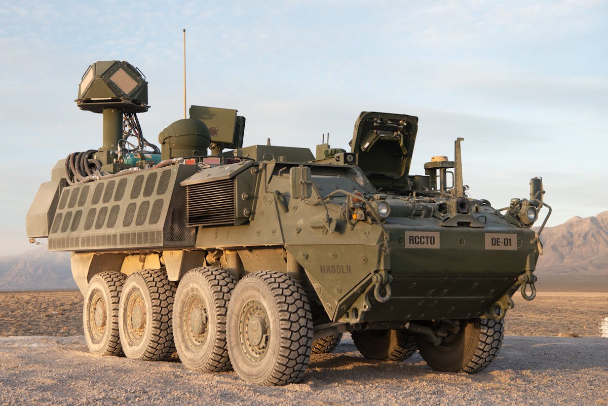 FIGURE 3. A 50-kW-class laser mounted on a U.S. Army Stryker vehicle, shown during live-fire exercises in 2022 at the White Sands Missile range in New Mexico.