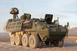 FIGURE 3. A 50-kW-class laser mounted on a U.S. Army Stryker vehicle, shown during live-fire exercises in 2022 at the White Sands Missile range in New Mexico. FIGURE 3. A 50-kW-class laser mounted on a U.S. Army Stryker vehicle, shown during live-fire exercises in 2022 at the White Sands Missile range in New Mexico.