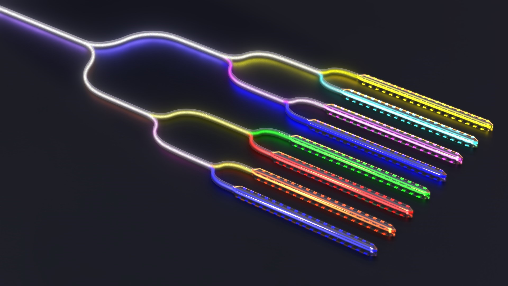 This illustration shows Intel Labs&rsquo; eight-channel hybrid III-V/silicon DFB laser array, which marks a leap forward in capabilities of multiwavelength laser manufacturing within a high-volume fab.