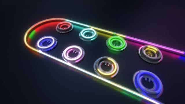 In this illustration of eight micro-ring modulators and optical waveguides, each modulator is tuned to a specific wavelength to enable wavelength-division multiplexing.