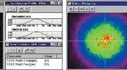 The transverse beam profile shows a 0.24 mm diameter minimum round beam (left) and a 1.2 mm diameter maximum round beam (right) after a demo focus mode VariSpot. The incoming beam is from a non-collimated 2mW HeNe laser beam. False color indicates the local irradiance level: red = high irradiance, blue = low irradiance. Notice the almost Gaussian beam profiles. The transverse beam profile shows a 0.24 mm diameter minimum round beam (left) and a 1.2 mm diameter maximum round beam (right) after a demo focus mode VariSpot. The incoming beam is from a non-collimated 2mW HeNe laser beam. False color indicates the local irradiance level: red = high irradiance, blue = low irradiance. Notice the almost Gaussian beam profiles.