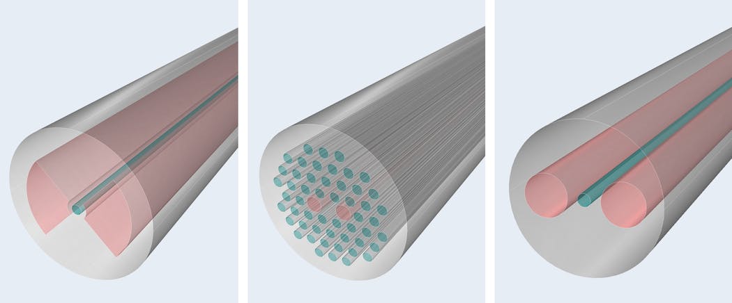 FIGURE 2. Common PM fibers include bow-tie (left), photonic-crystal (center), and PANDA (right).