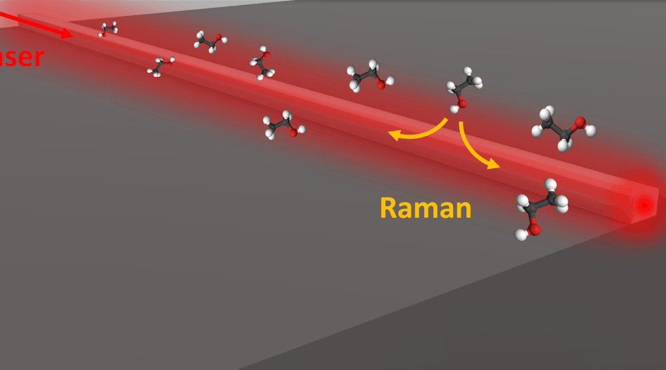 FIGURE 1. Schematic principle of waveguide-enhanced Raman spectroscopy (WERS). The excitation laser propagates in a waveguide; the evanescent field of the waveguide mode excites the analyte present at the surface of the chip. Some of the generated Raman signal is collected by the waveguide and guided to the spectrometer for detection.