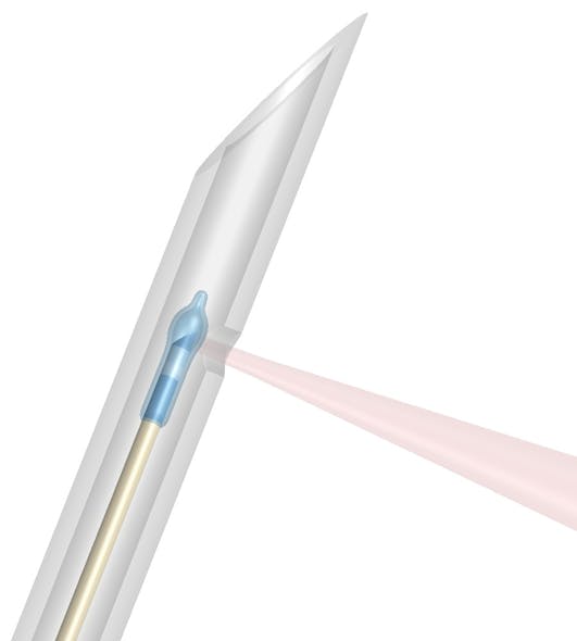 FIGURE 2. A 3D model of an imaging needle, showing the focusing optics fabricated by splicing and cleaving sections of optical fiber to shape the light beam. It uses total internal reflection to redirect the light through a small hole near the needle tip.