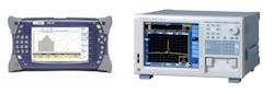 FIGURE 3. Launched in April 2010, JDSU&rsquo;s COSA-4055 (left) CWDM handheld optical spectrum analyzer (OSA) for the MTS-4000 platform is targeted mainly at in-field CWDM testing at the fraction of an OSA price, starting at $7000. (Courtesy of JDSU) The AQ6373 bench-top OSA (right) from Yokogawa uses monochromator technology to achieve high wavelength accuracy, high resolution, high dynamic range, and increased efficiency. Built-in color analysis capabilities and remote-command compatibility improves the capabilities, speed, and performance of current AQ6315 systems. The wavelength accuracy of the AQ6373 ranges from &PlusMinus;0.05 nm at 633 nm to &PlusMinus;0.20 nm between 400 and 1100 nm (calibrated with a 633 nm He-Ne laser). (Courtesy of Yokogawa)