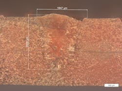 FIGURE 3. Overlap welding of 2 × 1.2 mm thickness by a 3 kW blue diode laser. FIGURE 3. Overlap welding of 2 × 1.2 mm thickness by a 3 kW blue diode laser.