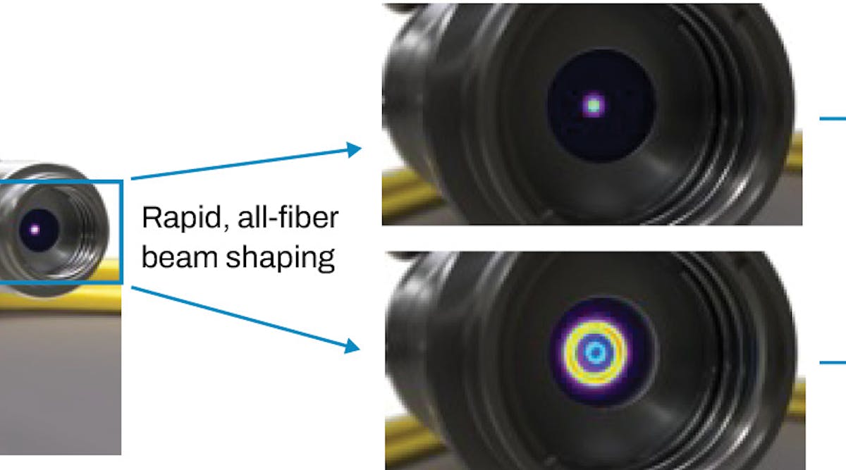 FIGURE 1. An AFX laser incorporates all-fiber beam shaping, which allows rapid switching of the output beam size and shape. The beam profile can be tuned between true single-mode and a ring, plus a variety of shapes in between. When interacting with the workpiece, ring- and saddle-shaped beams create significantly less soot and spatter.