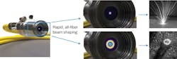 FIGURE 1. An AFX laser incorporates all-fiber beam shaping, which allows rapid switching of the output beam size and shape. The beam profile can be tuned between true single-mode and a ring, plus a variety of shapes in between. When interacting with the workpiece, ring- and saddle-shaped beams create significantly less soot and spatter. FIGURE 1. An AFX laser incorporates all-fiber beam shaping, which allows rapid switching of the output beam size and shape. The beam profile can be tuned between true single-mode and a ring, plus a variety of shapes in between. When interacting with the workpiece, ring- and saddle-shaped beams create significantly less soot and spatter.