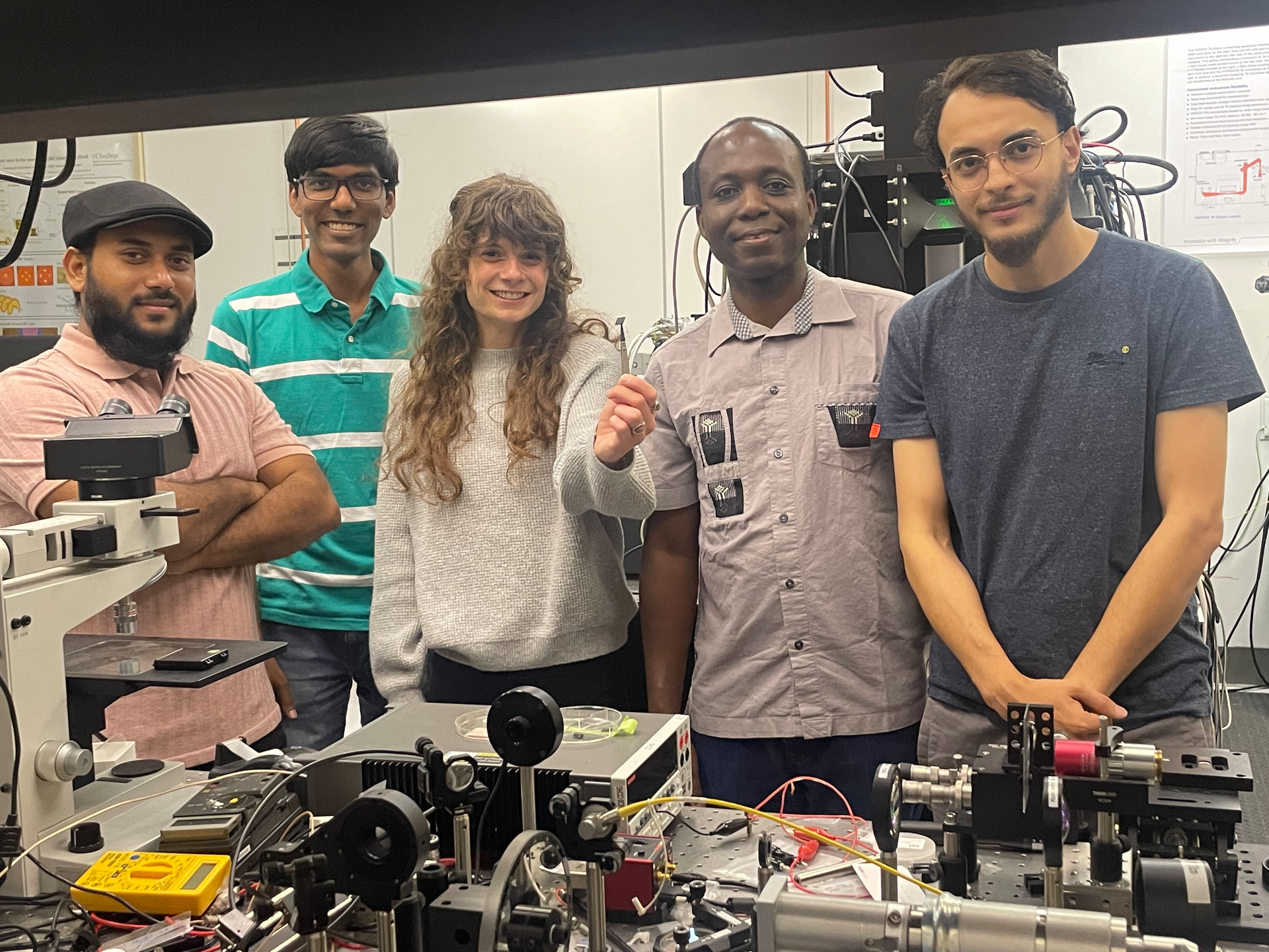 FIGURE 1. Dr. Wayesh Qarony, Rushin Contractor, Emma Martin, Professor Boubacar Kant&eacute;, and Dr. Walid Redjem in the lab.