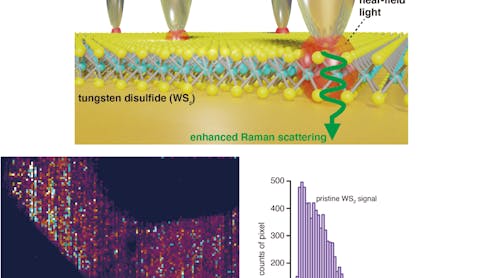 In a schematic of a robust, long-duration TERS imaging technique, a metallic nanotip images several points in a large area of a WS2 monolayer placed on a gold thin film (a). A superposition of two different intensity images, pure WS2 at 422 cm-1 and defect scattering of WS2 at 410 cm-1, reveals a high density of nanoscale protrusions in a large-area far-field confocal Raman image (b). A histogram of the same modes shows a defect density of 5.2% in the WS2 sample (c).