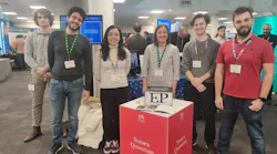 The Emergent Photonics group presenting the microcomb during the quantum showcase, from left to right: Vittorio Cecconi, Antonio Cutronia, Luana Olivieri, Alessia Pasquazi, Maxwell Rowley, and Luke Peters.