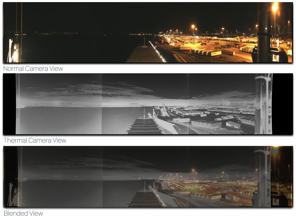 FIGURE 3. Improved night vision of port and ship with thermal blending in the visible and the IR. FIGURE 3. Improved night vision of port and ship with thermal blending in the visible and the IR.