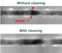 FIGURE 4. Cross-section of laser-welded aluminum sheets with and without laser cleaning (AlMn1Cu + AlMg3). FIGURE 4. Cross-section of laser-welded aluminum sheets with and without laser cleaning (AlMn1Cu + AlMg3).