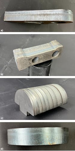 FIGURE 5. Full-speed cuts in CW mode: 28-mm-thick carbon steel, air cut at 4.5 m/min (177 ipm) with 40-kW YLS IPG laser (a); 40-mm-thick stainless steel, air cut at 2.3 m/min (90 ipm) with 40 kW YLS IPG laser (b); 3- to 25-mm-thick stainless-steel sections, nitrogen cut by 30 kW IPG YLS-ECO (c); and 30-mm-thick carbon steel cut with 15 kW and oxygen (d). FIGURE 5. Full-speed cuts in CW mode: 28-mm-thick carbon steel, air cut at 4.5 m/min (177 ipm) with 40-kW YLS IPG laser (a); 40-mm-thick stainless steel, air cut at 2.3 m/min (90 ipm) with 40 kW YLS IPG laser (b); 3- to 25-mm-thick stainless-steel sections, nitrogen cut by 30 kW IPG YLS-ECO (c); and 30-mm-thick carbon steel cut with 15 kW and oxygen (d).
