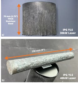 FIGURE 4. UHP laser cutting of very thick steels in pulsed mode: a 70-mm-thick stainless steel cut with 30 kW and nitrogen (a) and 230-mm-thick carbon steel cut with 40 kW and air (b). FIGURE 4. UHP laser cutting of very thick steels in pulsed mode: a 70-mm-thick stainless steel cut with 30 kW and nitrogen (a) and 230-mm-thick carbon steel cut with 40 kW and air (b).