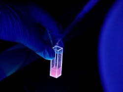 FIGURE 2. Fluorescent color changes can be observed in the test sample containing gallic acid when added to the quartz cuvette containing the Eu-MOF probe.