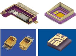 LiDAR package examples include a FMCW integrated package (top left), a MEMS mirror package (top right), a laser source package (bottom left), and an aluminum nitride (AlN) submount package with thermal conductivity of 150 W/mK (bottom right).