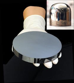FIGURE 2. A boule of chalcogenide glass manufactured at LightPath Technologies’ Florida plant (inset) and a slice of glass from the boule. FIGURE 2. A boule of chalcogenide glass manufactured at LightPath Technologies’ Florida plant (inset) and a slice of glass from the boule.