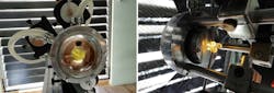 FIGURE 2. This image (a) shows the front of the solar laser head cooled by water, while (b) shows the back of the solar laser head with three small output couplers aligned to their respective rods.