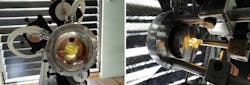 FIGURE 2. This image (a) shows the front of the solar laser head cooled by water, while (b) shows the back of the solar laser head with three small output couplers aligned to their respective rods. FIGURE 2. This image (a) shows the front of the solar laser head cooled by water, while (b) shows the back of the solar laser head with three small output couplers aligned to their respective rods.
