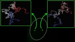 Gene structures (green dots in center) as seen using conventional imaging methods. To the right and left are the same gene structures captured with the new MiOS technology