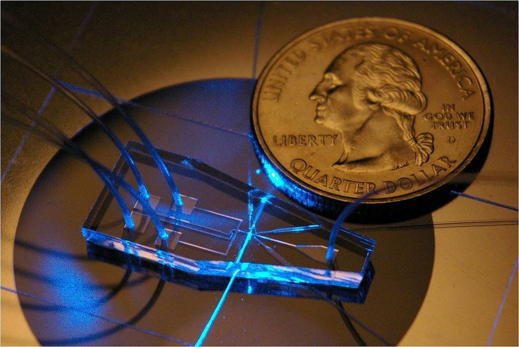 An assembled flow cytometry chip with size comparable to a U.S. quarter.
