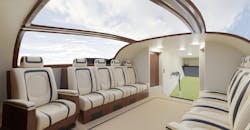 FIGURE 3. This rendering of the interior cabin of the AeroG Aviation (Springfield, NJ) AG4 10-passenger hybrid concept flight vehicle shows OLED displays wrapped over the ceilings, fed from outside cameras. FIGURE 3. This rendering of the interior cabin of the AeroG Aviation (Springfield, NJ) AG4 10-passenger hybrid concept flight vehicle shows OLED displays wrapped over the ceilings, fed from outside cameras.