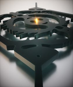 FIGURE 1. Artist’s impression of the new nanocavity where light is concentrated/intensified to/in the center to a volume deep below the diffraction limit. Many small features in the structure can be fabricated because the design takes manufacturing constraints into account. FIGURE 1. Artist’s impression of the new nanocavity where light is concentrated/intensified to/in the center to a volume deep below the diffraction limit. Many small features in the structure can be fabricated because the design takes manufacturing constraints into account.