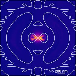 FIGURE 2. A direct measurement of the electric field intensity that emerges when photons are sent into the cavity by focusing a laser on it—i.e., a microscopic image of the world's smallest photon—via a special type of microscope, a scanning near-field optical microscope called a SNOM. The white line shows the outline of the nanostructure for comparison. FIGURE 2. A direct measurement of the electric field intensity that emerges when photons are sent into the cavity by focusing a laser on it—i.e., a microscopic image of the world's smallest photon—via a special type of microscope, a scanning near-field optical microscope called a SNOM. The white line shows the outline of the nanostructure for comparison.