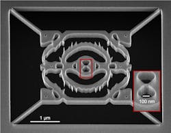 FIGURE 3. A scanning electron microscope image of the fabricated bowtie nanocavity combined with a small inset showing the fabricated bowtie in higher resolution. FIGURE 3. A scanning electron microscope image of the fabricated bowtie nanocavity combined with a small inset showing the fabricated bowtie in higher resolution.