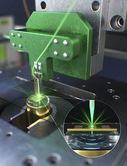 FIGURE 1. Using tapered, non-coated optical fiber instead of lenses, the new shear-force photoacoustic microscope maintains the distance between a sample and the light source to stay in the near-field range. FIGURE 1. Using tapered, non-coated optical fiber instead of lenses, the new shear-force photoacoustic microscope maintains the distance between a sample and the light source to stay in the near-field range.