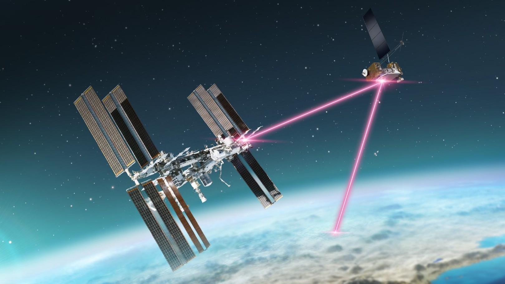 FIGURE 1. Illustration of LCRD relaying data from ILLUMA-T on the International Space Station to a ground station on Earth.