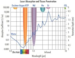 FIGURE 1. Absorption of water and tissue penetration depth at different wavelengths. FIGURE 1. Absorption of water and tissue penetration depth at different wavelengths.