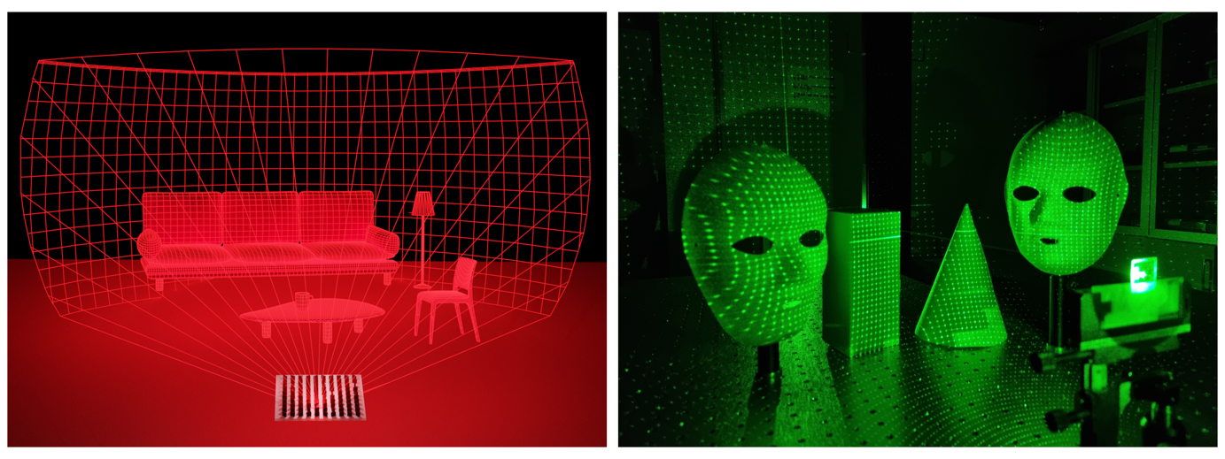 While illuminated by a polarization-independent coherent laser source, the team&rsquo;s metasurfaces generate ~10 K points over the entire 180-degree space. The depths of the dot arrays illuminated on the objects can be extracted using a stereo-matching algorithm.