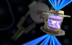 To create fusion ignition, the National Ignition Facility’s laser energy is converted into x-rays inside a hohlraum, which then compress a fuel capsule until it implodes—creating a high-temperature, high-pressure plasma. To create fusion ignition, the National Ignition Facility’s laser energy is converted into x-rays inside a hohlraum, which then compress a fuel capsule until it implodes—creating a high-temperature, high-pressure plasma.