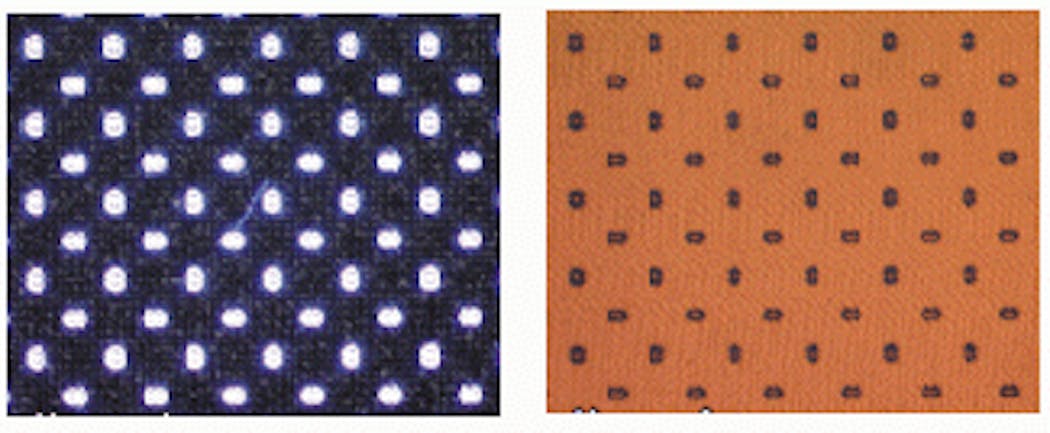 FIGURE 2. Certain defects, particles, and scratches are brightly illuminated with darkfield imaging (left) while they may be more difficult to resolve with brightfield imaging (right).