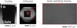 FIGURE 3. Images of welded samples (silicon and gallium arsenide). The welded area at the interface between these opaque samples is invisible using visible light, but can be monitored using IR imaging. The fringes reveal the inteferometric nature of the interface problem and are directly attributed to the Fabry-Perot cavity effect that needs to be addressed for successful welding. FIGURE 3. Images of welded samples (silicon and gallium arsenide). The welded area at the interface between these opaque samples is invisible using visible light, but can be monitored using IR imaging. The fringes reveal the inteferometric nature of the interface problem and are directly attributed to the Fabry-Perot cavity effect that needs to be addressed for successful welding.