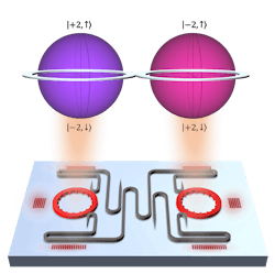 FIGURE 2. Illustration of the team’s hyperdimensional microlaser chip, which generates qudits or photons with four simultaneous levels of information. FIGURE 2. Illustration of the team’s hyperdimensional microlaser chip, which generates qudits or photons with four simultaneous levels of information.